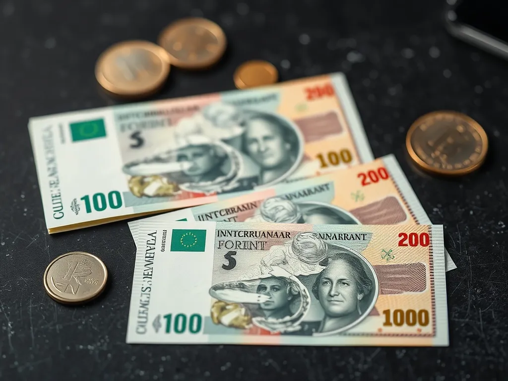 Macro photography of Hungarian Forint banknotes and coins on